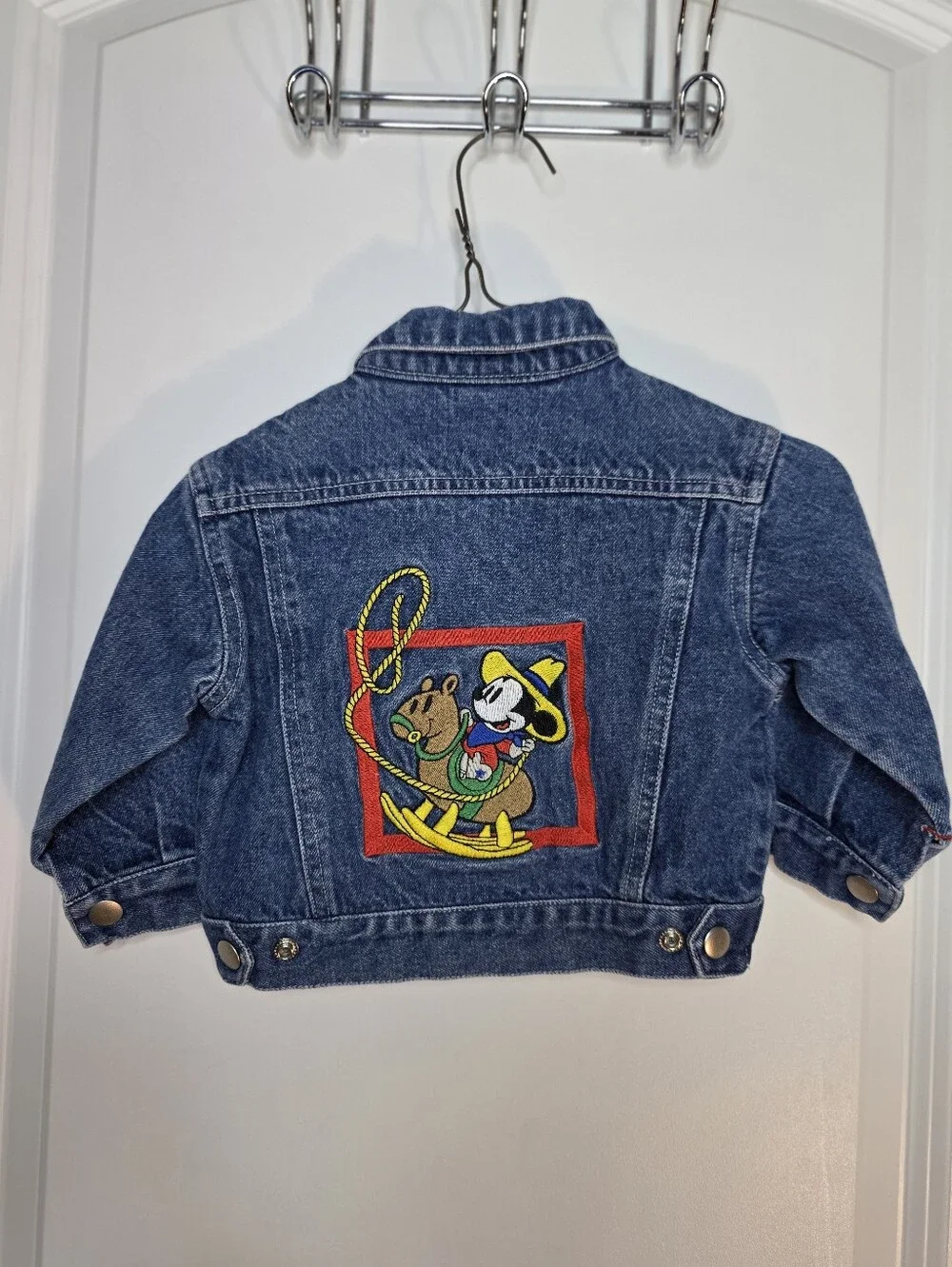 Vintage Disney Denim Jacket with Mickey Rodeo Patch - Blue, Red, Yellow